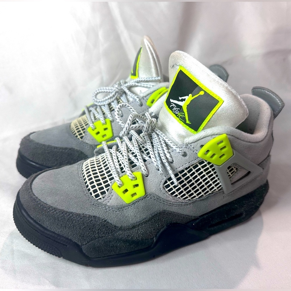 Suede Jordan 4’s Big Kid’s Sz. 4.5y charcoal grey and volt colorway